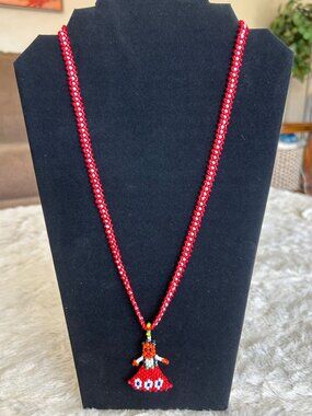 Vintage Native American Red Seed Bead Necklace with Girl Doll Beaded Handmade